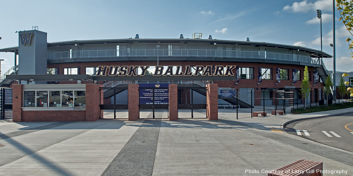 An aerial view of the Husky Ballpark on the campus of the